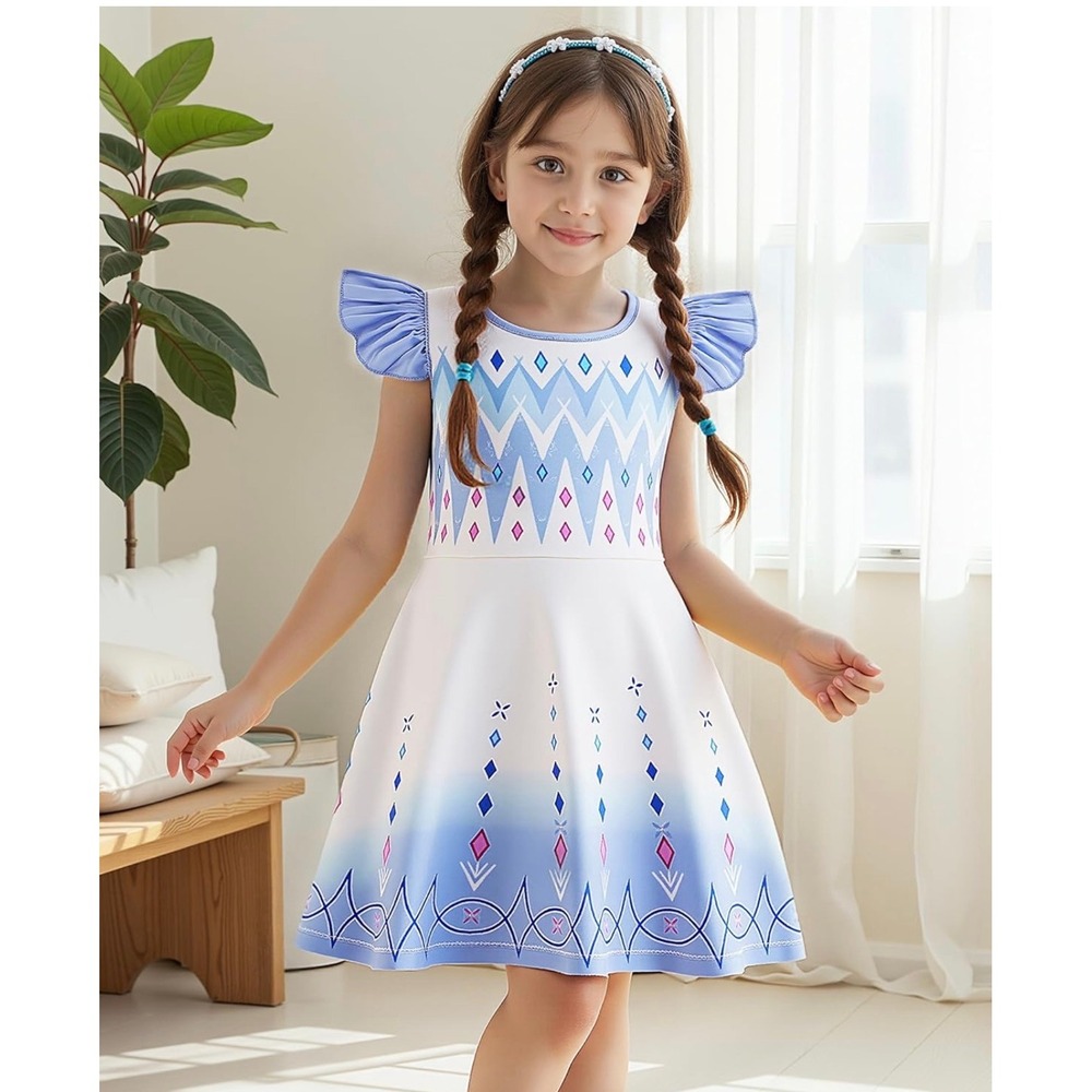 Girls Blue Ice Queen Flutter Sleeve Lightweight Dress Geometric Print Size 3T 4T